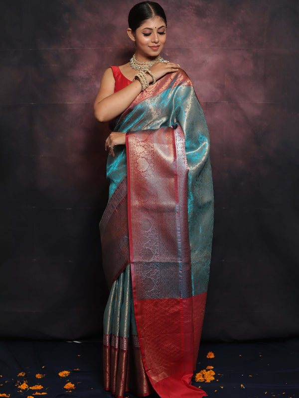 Banarasee Handwoven Broad Border Zari Jaal Design Tissue Saree-Blue & Red