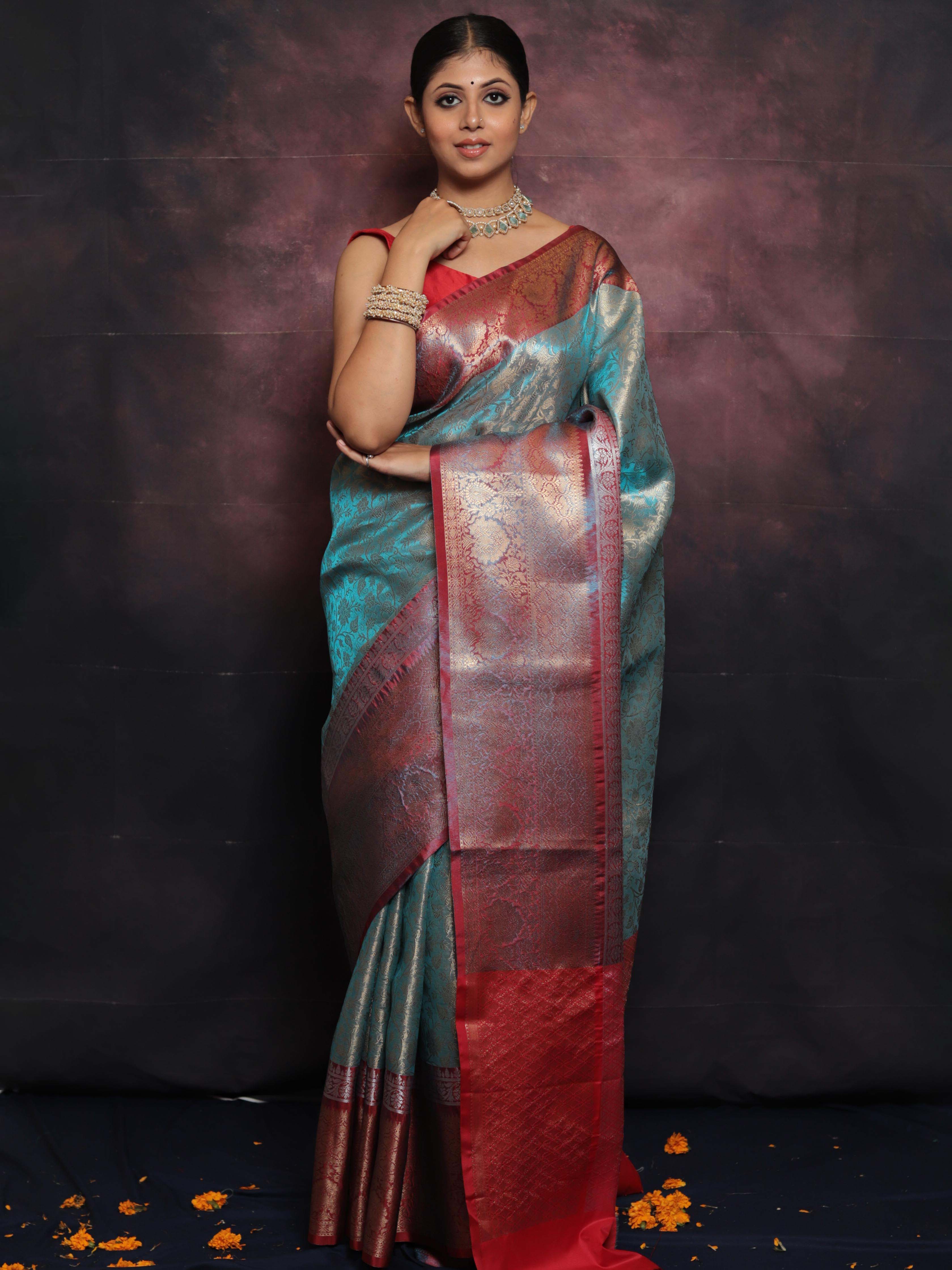 Banarasee Handwoven Broad Border Zari Jaal Design Tissue Saree-Blue & Red