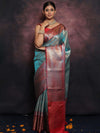 Banarasee Handwoven Broad Border Zari Jaal Design Tissue Saree-Blue & Red