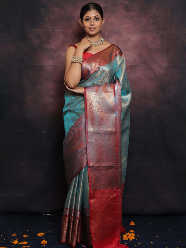 Banarasee Handwoven Broad Border Zari Jaal Design Tissue Saree-Blue & Red