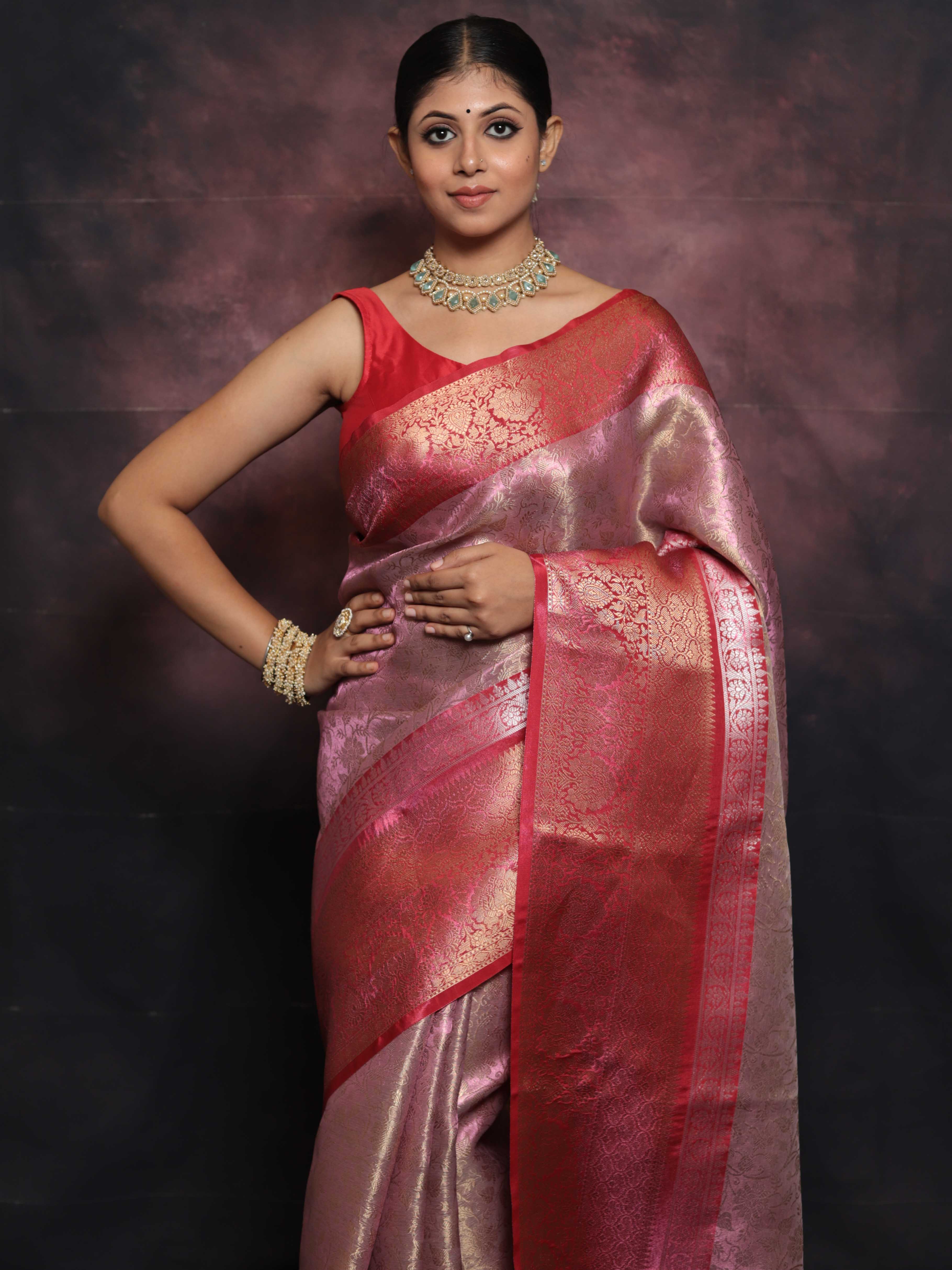 Banarasee Handwoven Broad Border Zari Jaal Design Tissue Saree-Pink & Red