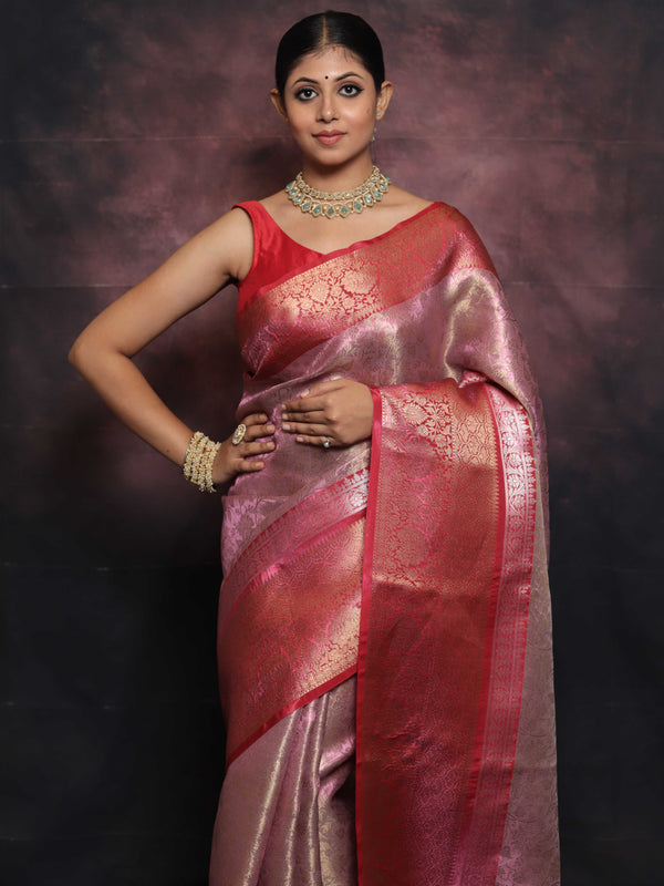 Banarasee Handwoven Broad Border Zari Jaal Design Tissue Saree-Pink & Red