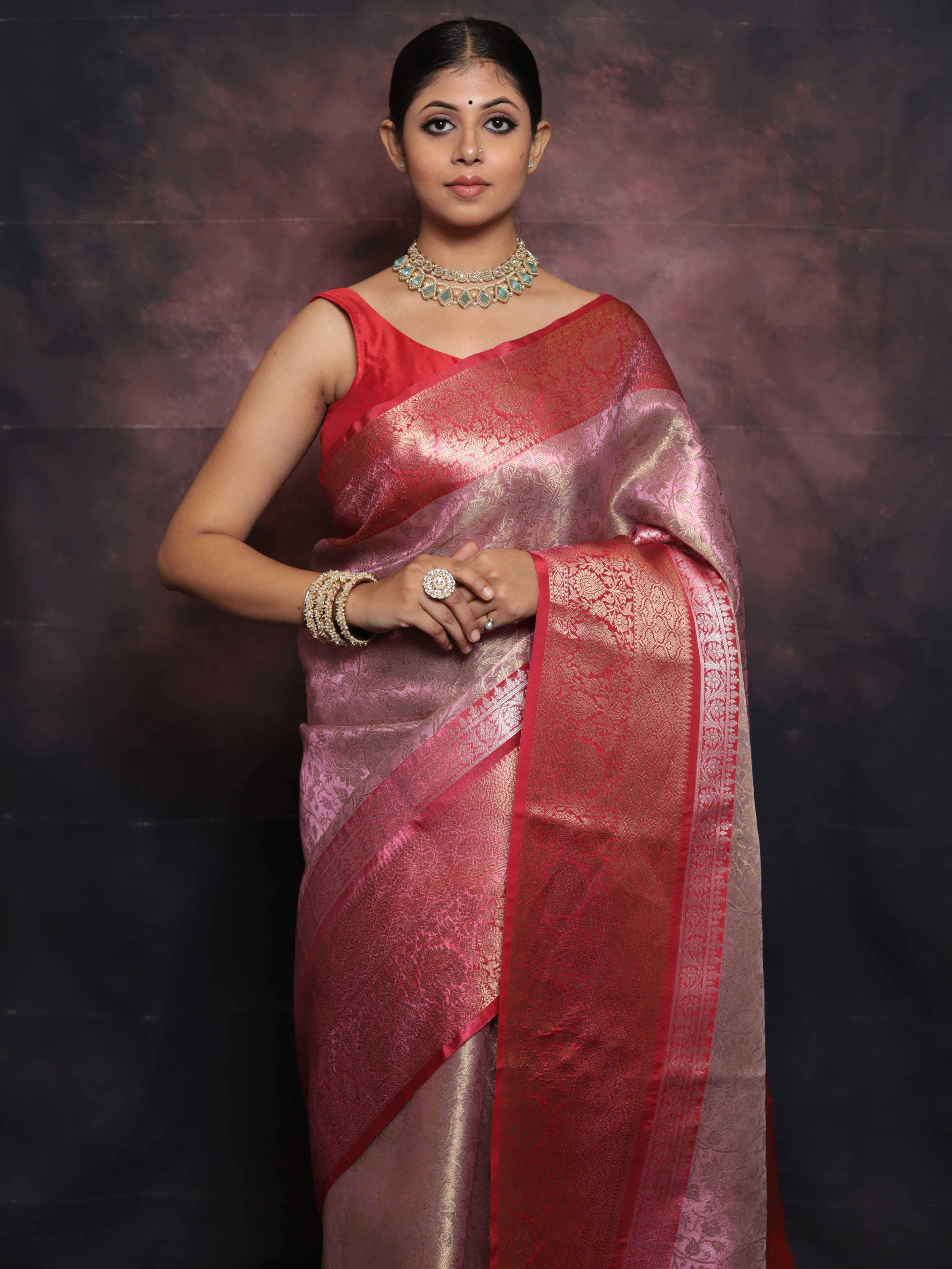 Banarasee Handwoven Broad Border Zari Jaal Design Tissue Saree-Pink & Red