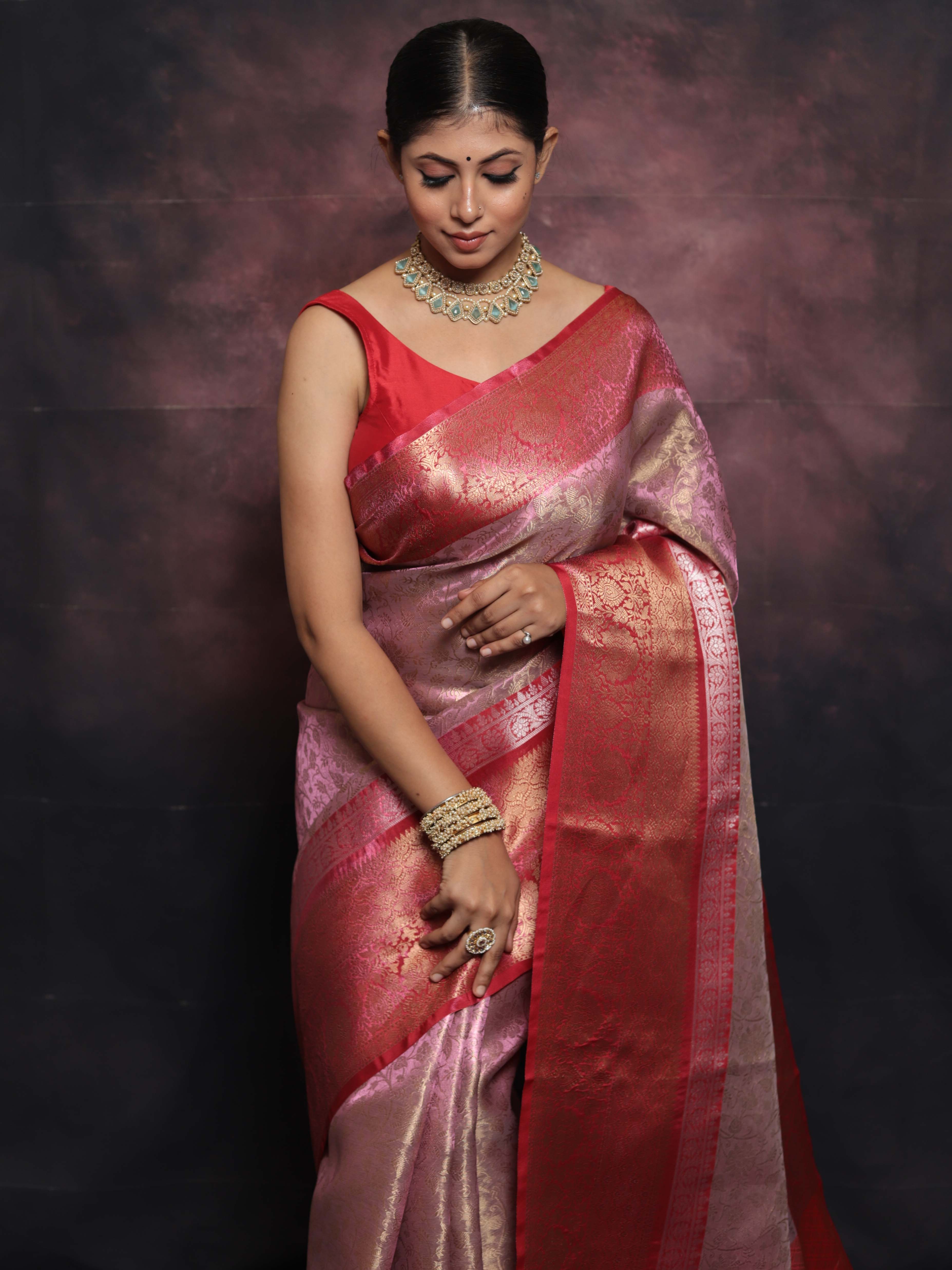 Banarasee Handwoven Broad Border Zari Jaal Design Tissue Saree-Pink & Red