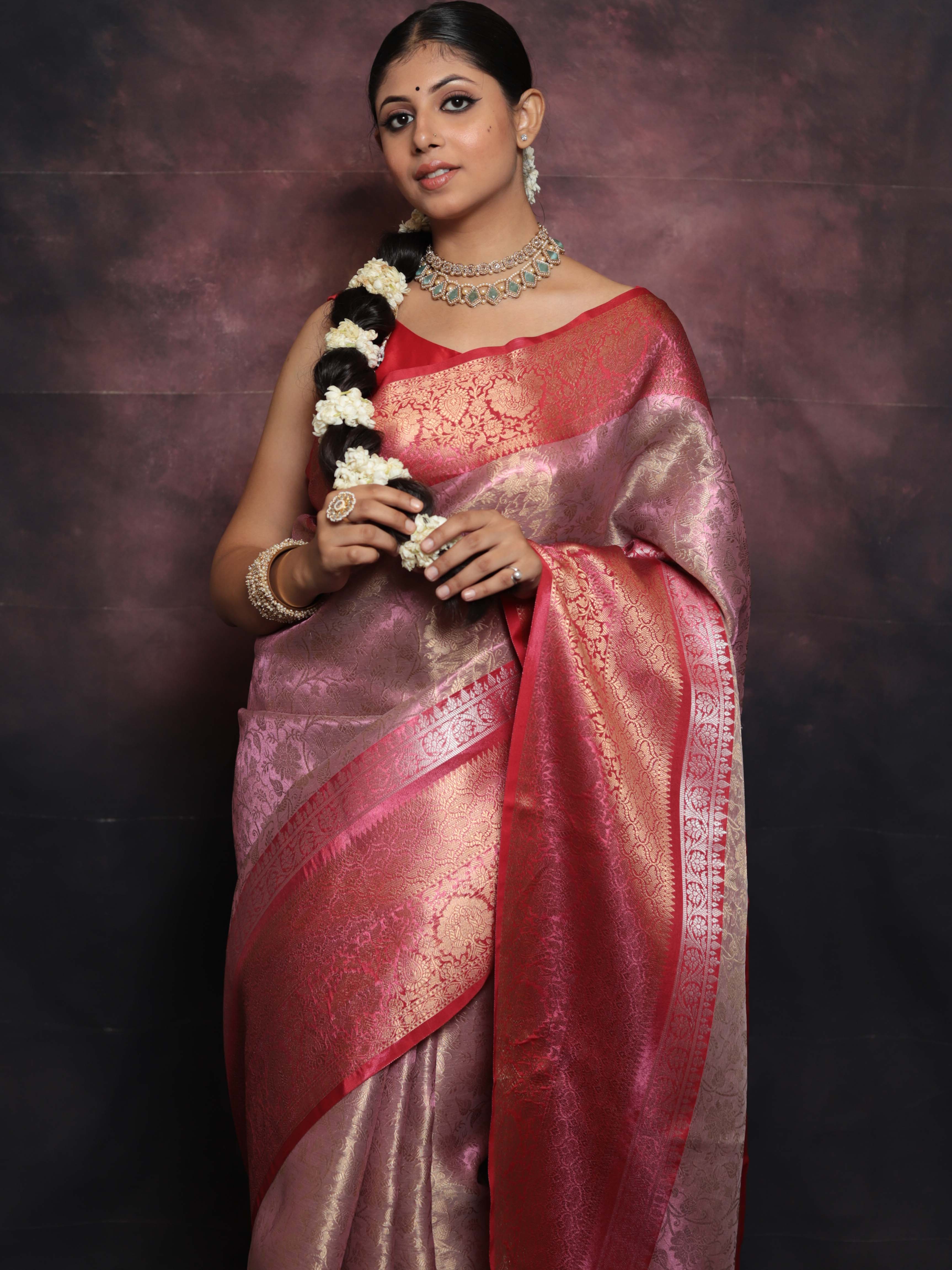 Banarasee Handwoven Broad Border Zari Jaal Design Tissue Saree-Pink & Red
