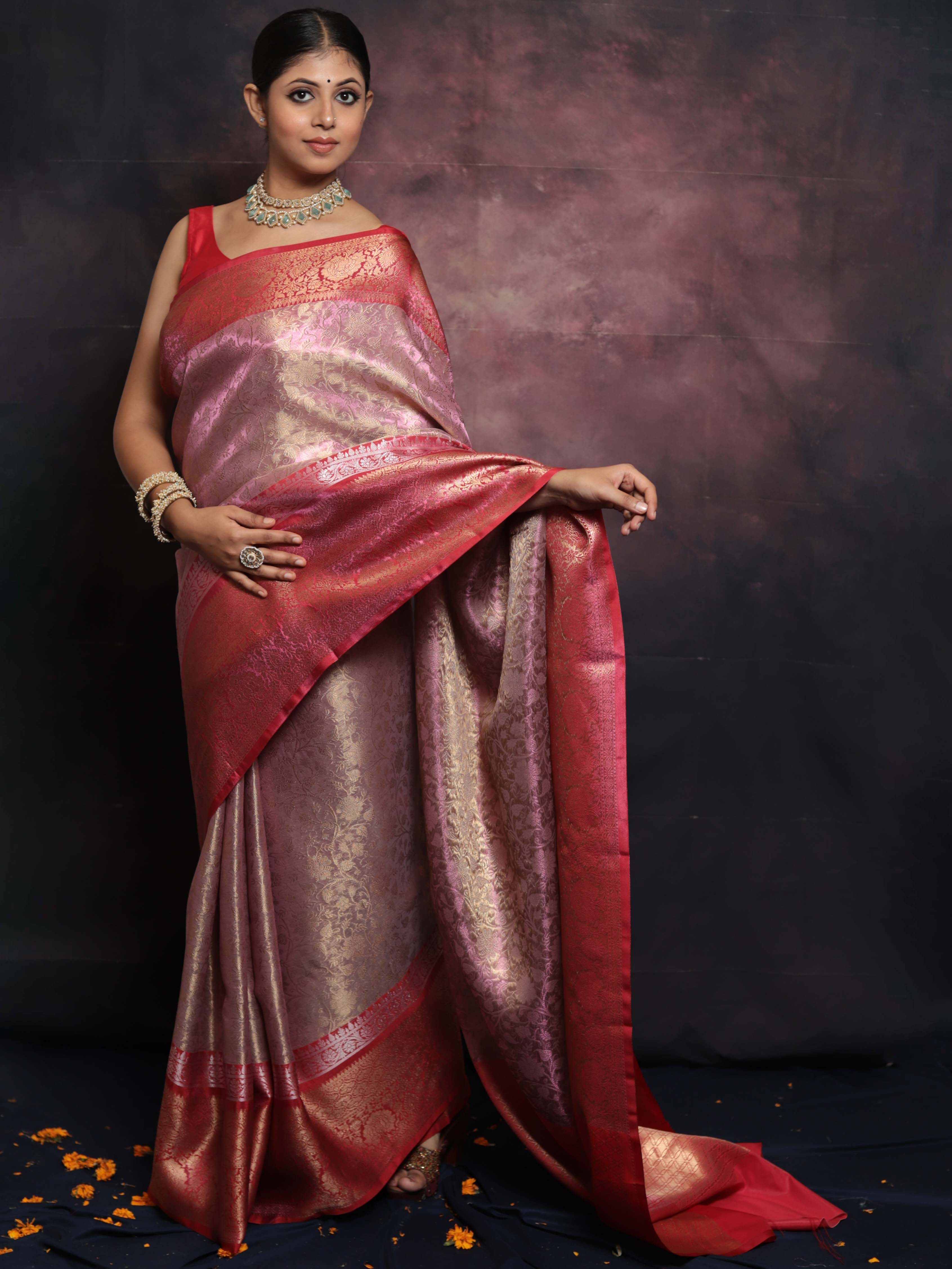 Banarasee Handwoven Broad Border Zari Jaal Design Tissue Saree-Pink & Red