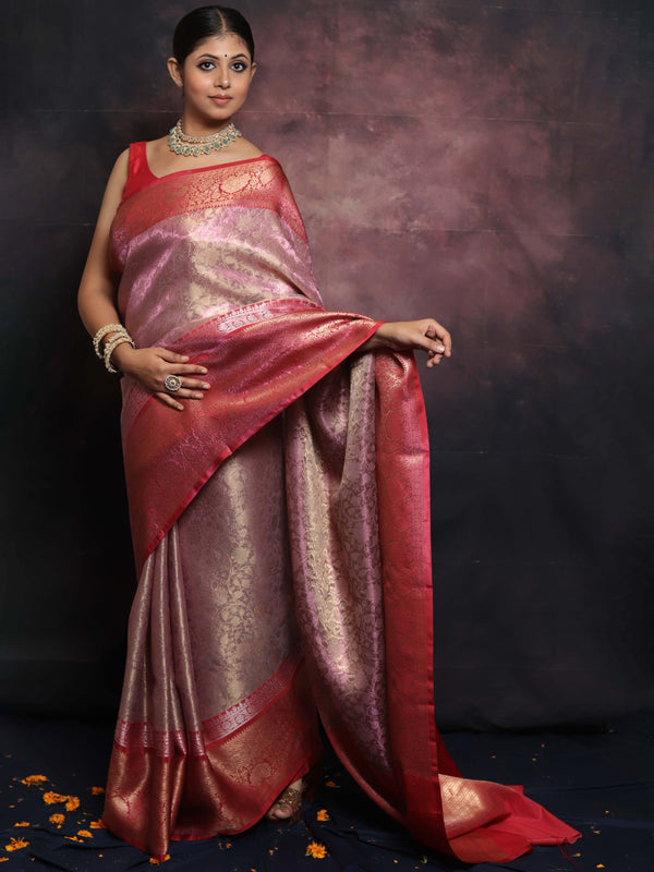 Banarasee Handwoven Broad Border Zari Jaal Design Tissue Saree-Pink & Red