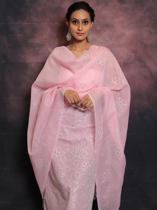 Banarasee Embroidered Linen Cotton Salwar Kameez With Dupatta-Pink