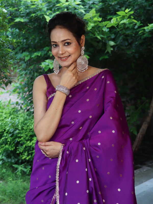 Banarasee Handwoven Semi Silk Saree With Zari Buti Design & Lace-Purple