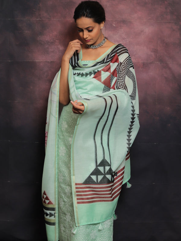 Banarasee Embroidered Chanderi Salwar Kameez With Digital Print Dupatta-Green