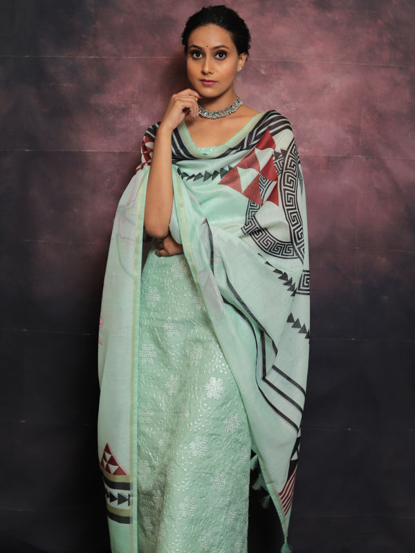 Banarasee Embroidered Chanderi Salwar Kameez With Digital Print Dupatta-Green