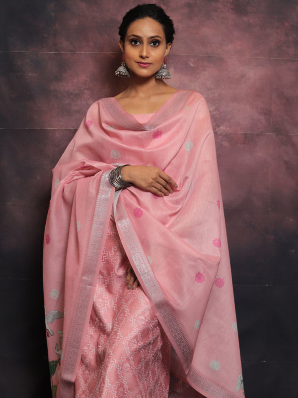 Banarasee Embroidered Chanderi Salwar Kameez With Digital Pichwai Print Dupatta-Pink