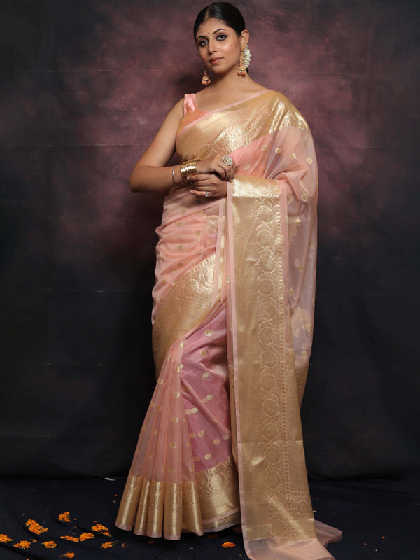 Banarasee Organza Mix Saree With Zari Buti & Border-Pink