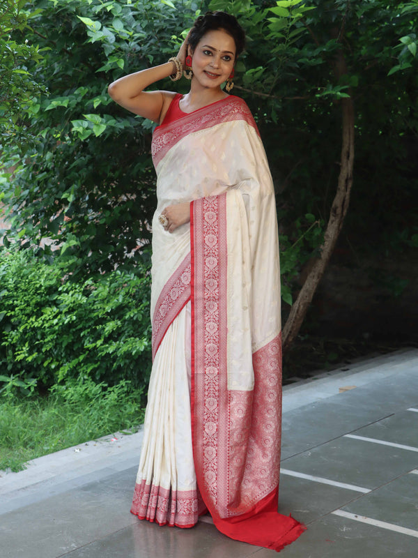 Banarasee Handloom Semi Katan Silk Saree With Zari Buti Work & Contrast Border-White & Red
