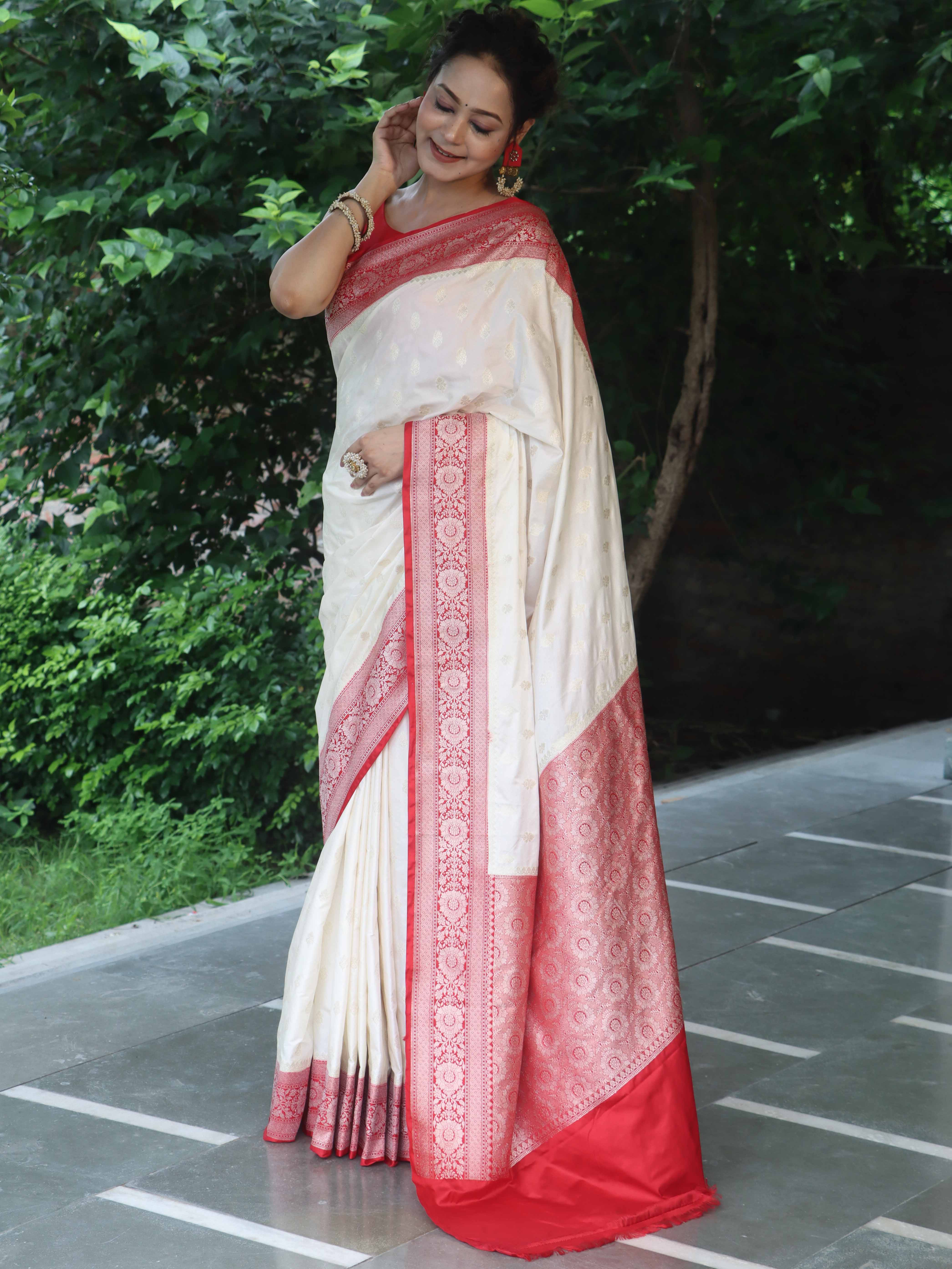 Banarasee Handloom Semi Katan Silk Saree With Zari Buti Work & Contrast Border-White & Red
