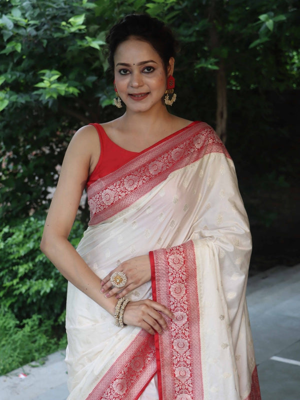 Banarasee Handloom Semi Katan Silk Saree With Zari Buti Work & Contrast Border-White & Red