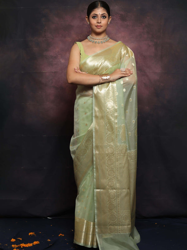 Banarasee Organza Mix Saree With Zari Buti & Border-Light Green