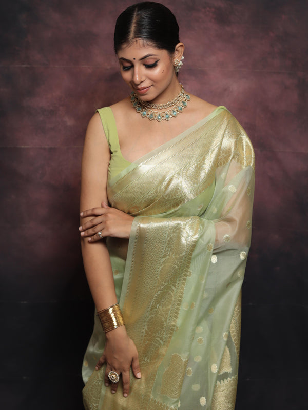 Banarasee Organza Mix Saree With Zari Buti & Border-Light Green