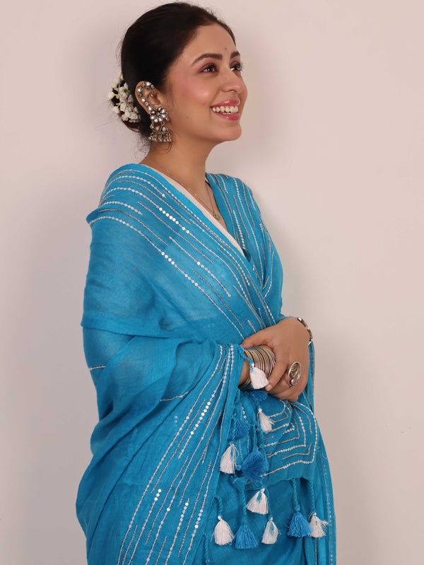 Banarasee Handloom Pure Linen Sequins Work Saree-Light Blue