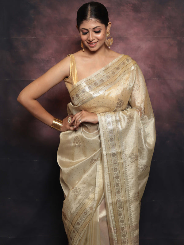 Banarasee Handwoven Tissue Saree With Swarovski Work-Gold