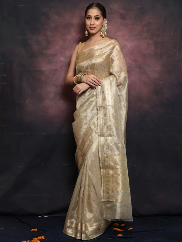 Banarasee Handwoven Tissue Saree With Swarovski Work-Gold