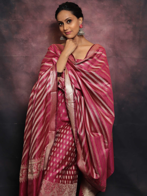 Banarasee Salwar Kameez Cotton Silk Resham & Zari Buti Woven Fabric With Dupatta-Magenta