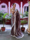Banarasee Handwoven Crushed Tissue Saree With Handwoven Pearl Motifs & Lace-Grey (Purple Tone)