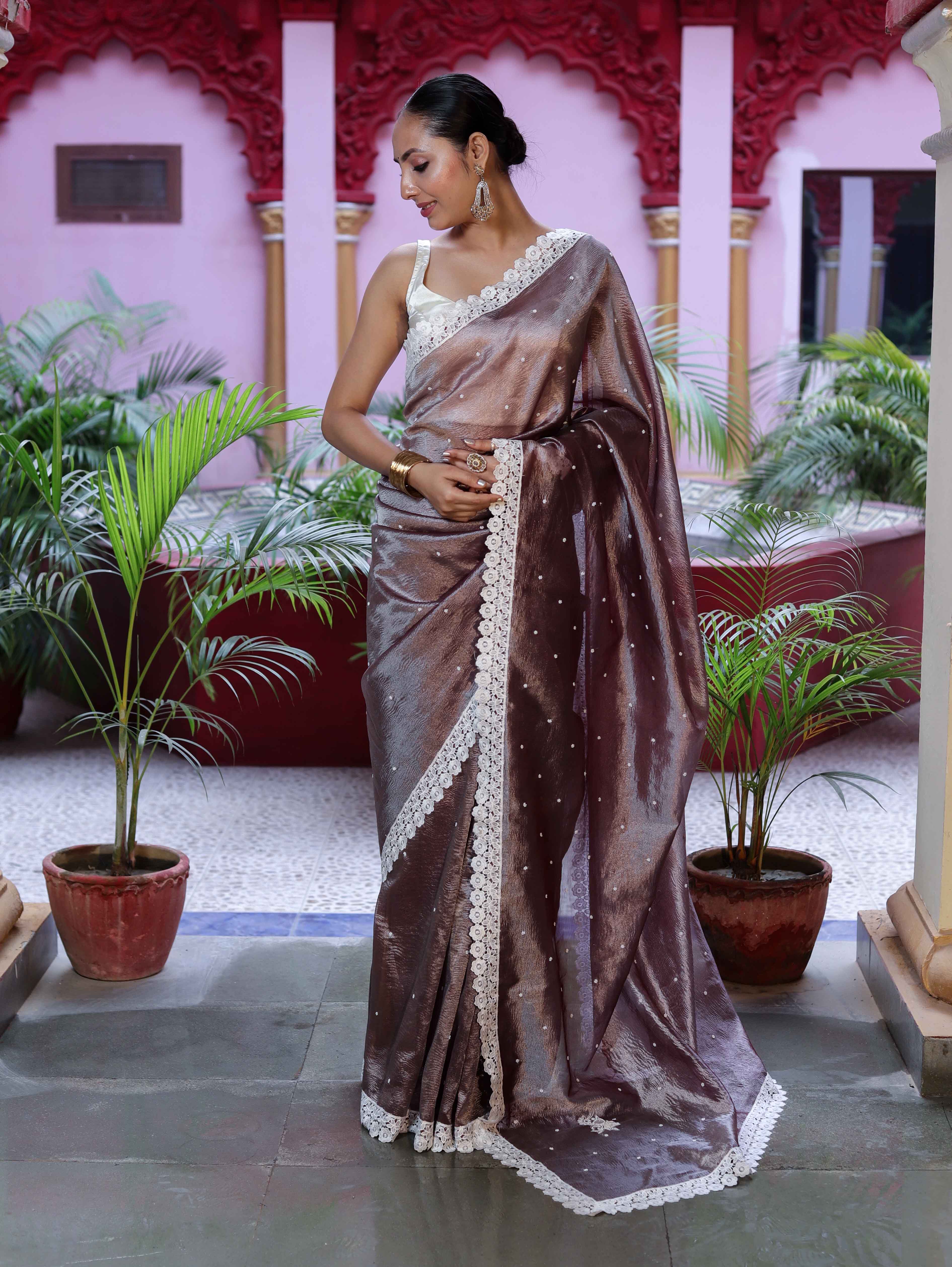 Banarasee Handwoven Crushed Tissue Saree With Handwoven Pearl Motifs & Lace-Grey (Purple Tone)