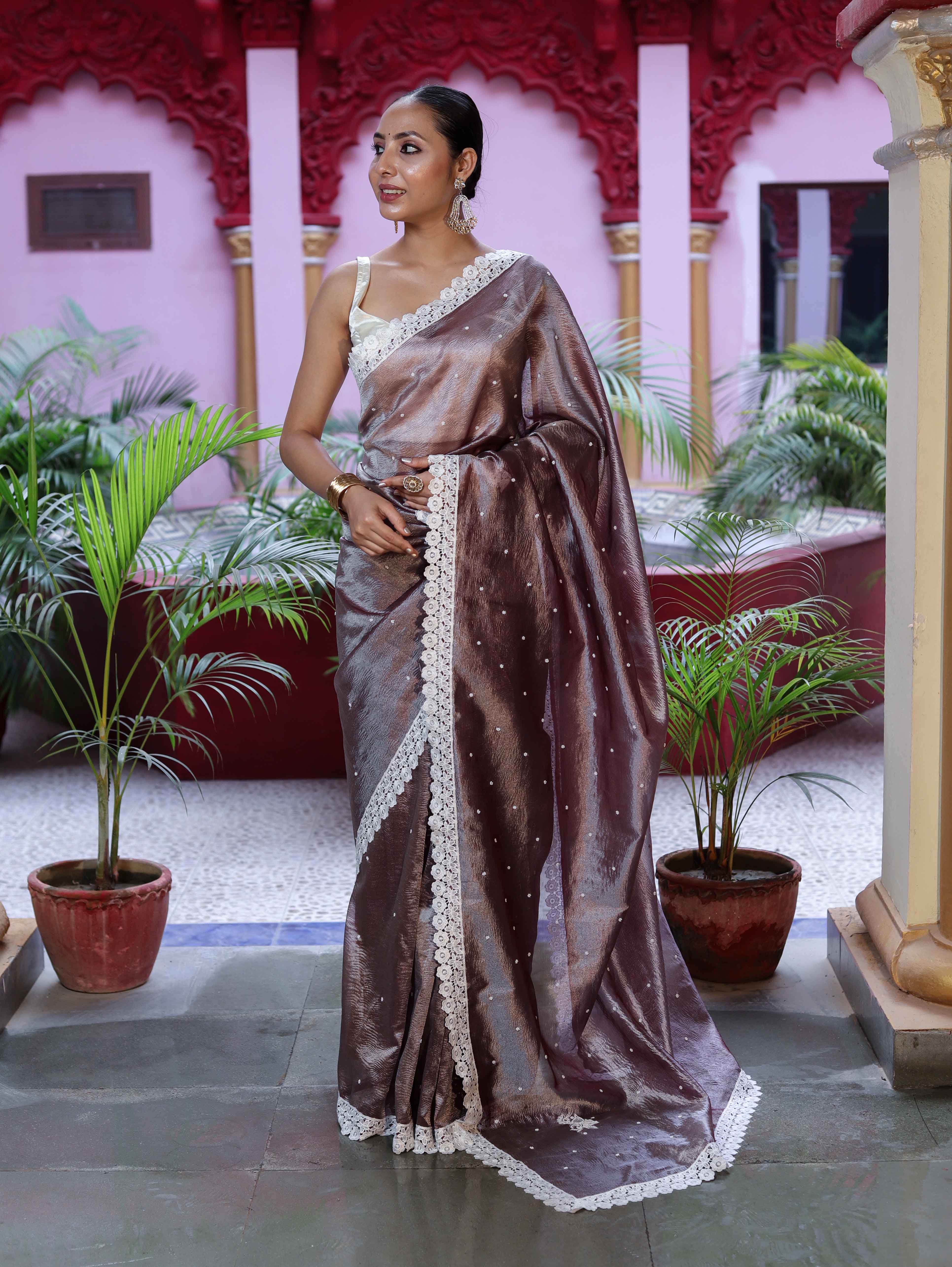 Banarasee Handwoven Crushed Tissue Saree With Handwoven Pearl Motifs & Lace-Grey (Purple Tone)