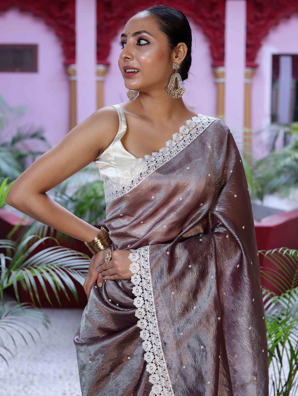 Banarasee Handwoven Crushed Tissue Saree With Handwoven Pearl Motifs & Lace-Grey (Purple Tone)