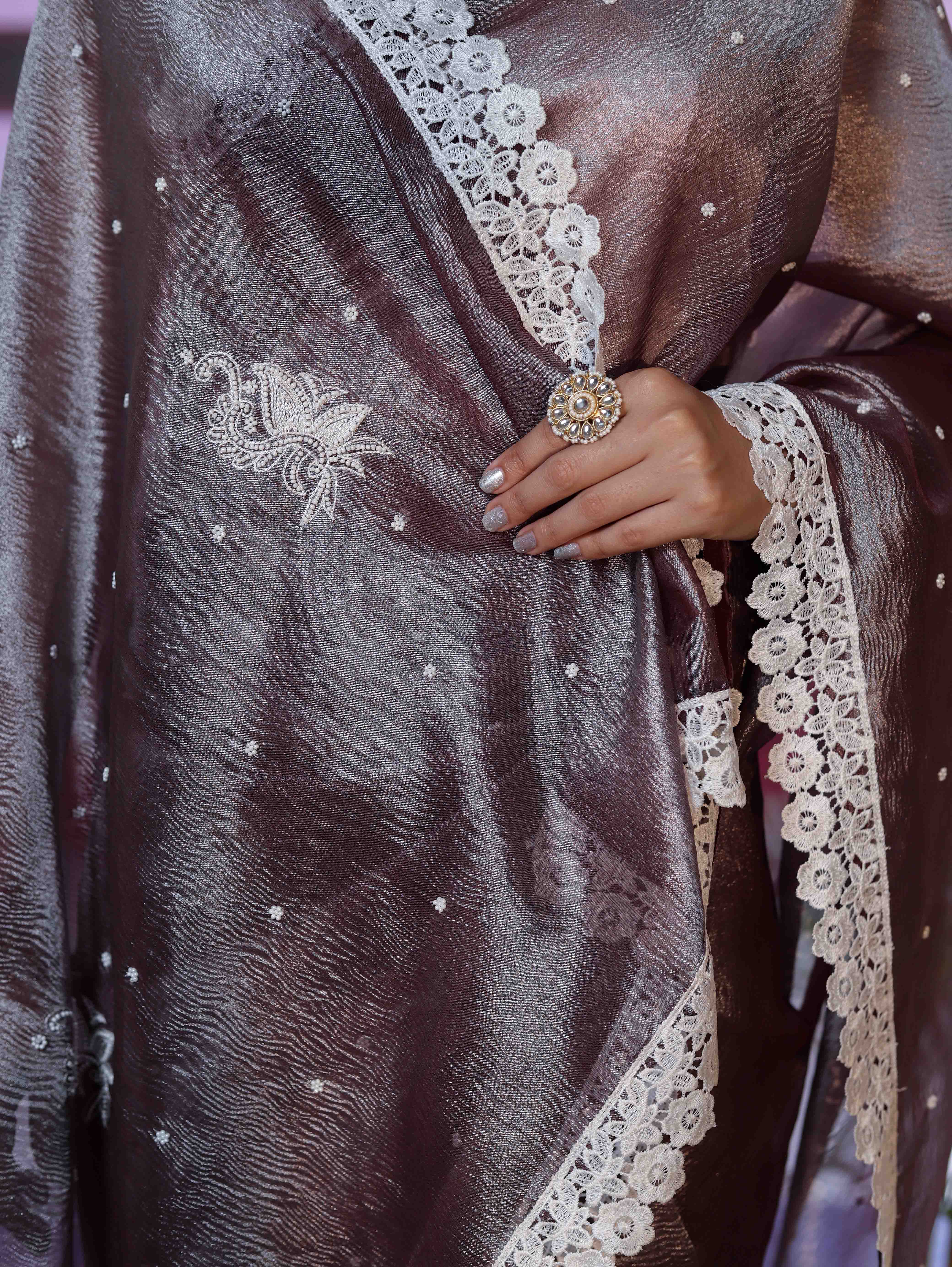 Banarasee Handwoven Crushed Tissue Saree With Handwoven Pearl Motifs & Lace-Grey (Purple Tone)