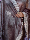 Banarasee Handwoven Crushed Tissue Saree With Handwoven Pearl Motifs & Lace-Grey (Purple Tone)