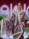 Banarasee Handwoven Crushed Tissue Saree With Handwoven Pearl Motifs & Lace-Grey (Purple Tone)