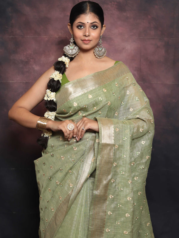 Banarasee Handwoven Zari Border Tissue Saree With Embroidered Floral Buta-Pastel Green