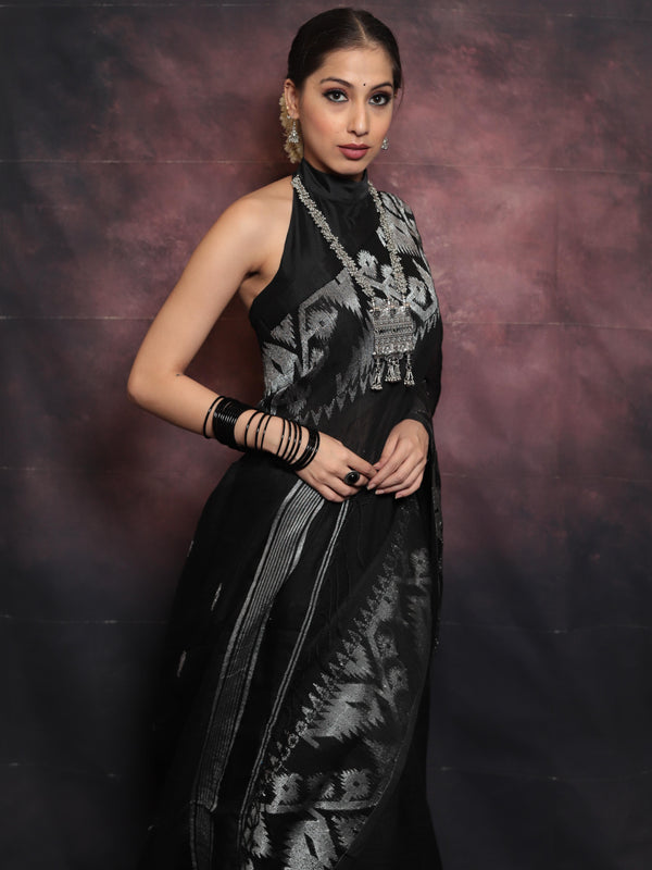 Handwoven Pure Linen Saree With Jamdani Weaving-Black
