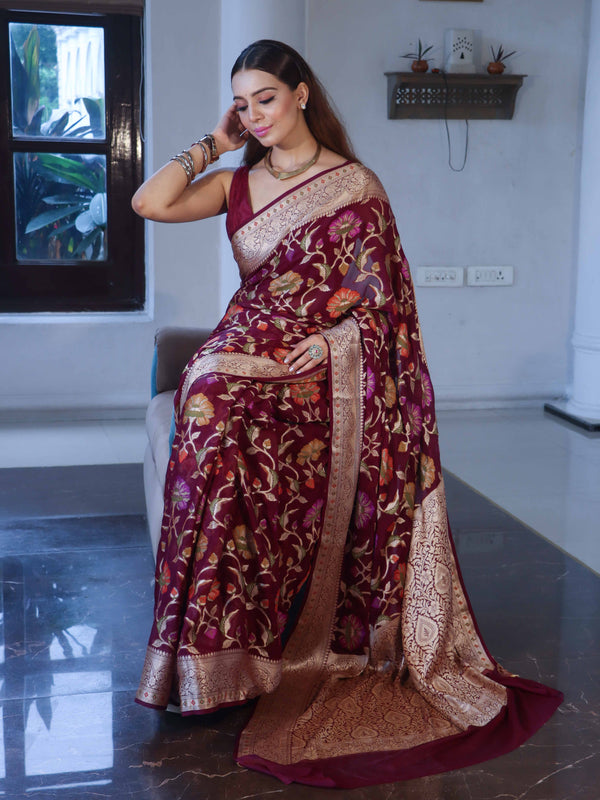 Banarasee Pure Chiffon Saree With Zari Jaal Design & Floral Border-Wine