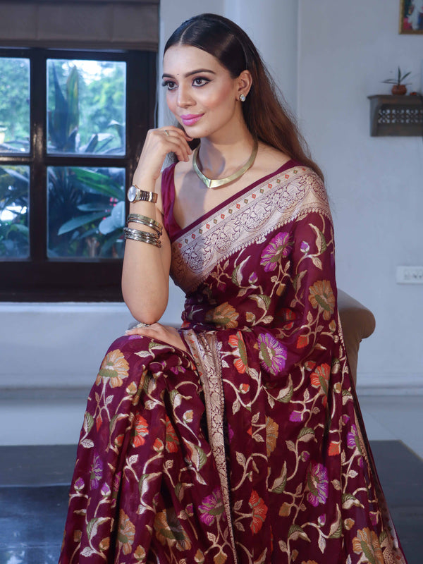 Banarasee Pure Chiffon Saree With Zari Jaal Design & Floral Border-Wine