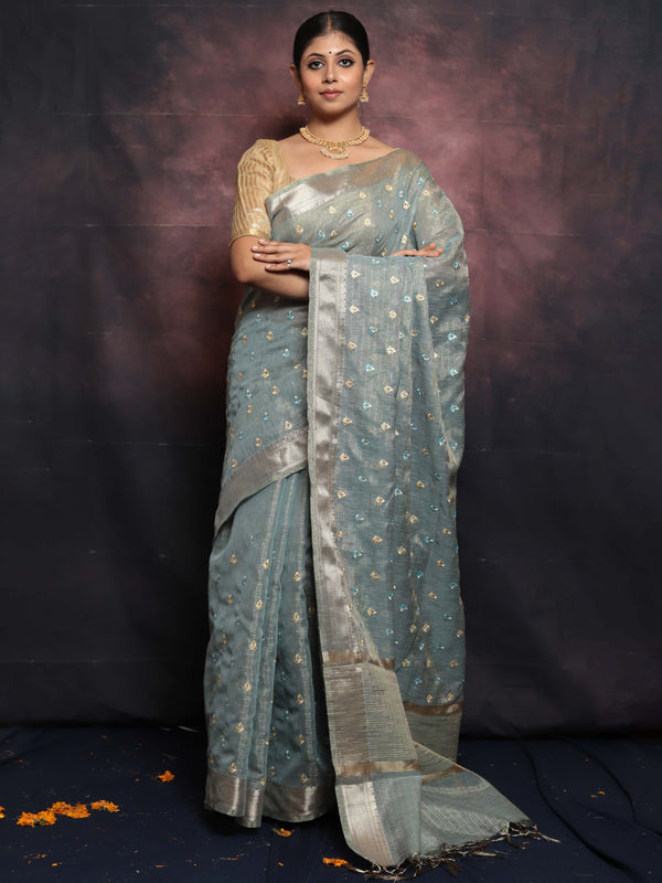 Banarasee Handwoven Zari Border Tissue Saree With Embroidered Floral Buta-Pastel Blue