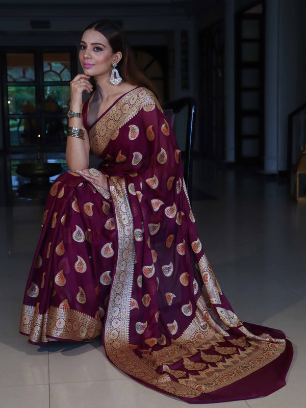 Banarasee Pure Chiffon Saree With Gold Zari Buta Work & Floral Border-Wine
