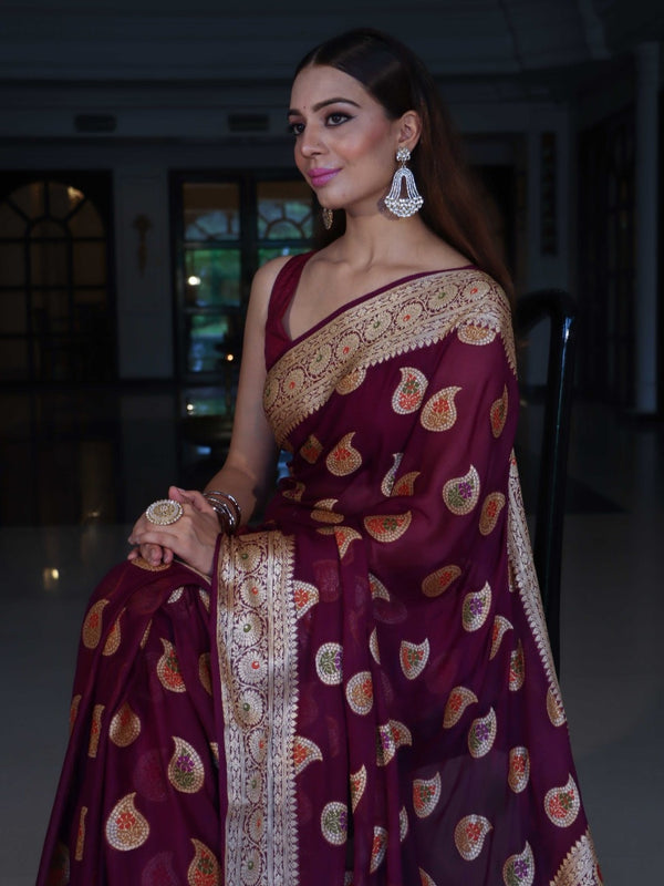 Banarasee Pure Chiffon Saree With Gold Zari Buta Work & Floral Border-Wine
