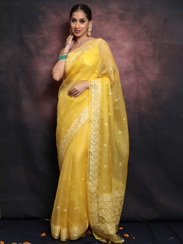 Banarasee Pure Organza Silk Saree With Floral Resham Embroidery-Yellow