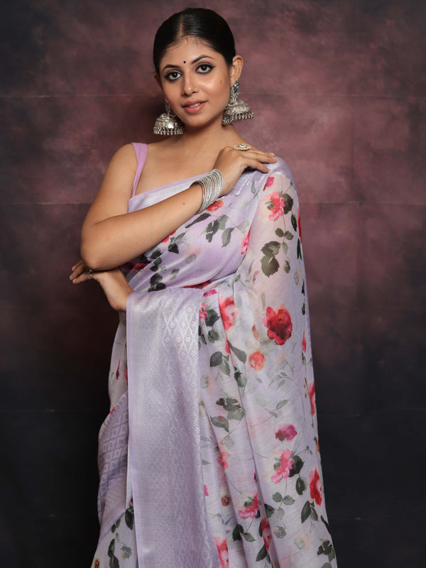 Banarasee Handloom Chanderi Digital Print Saree With Silver Zari Design-Lavender