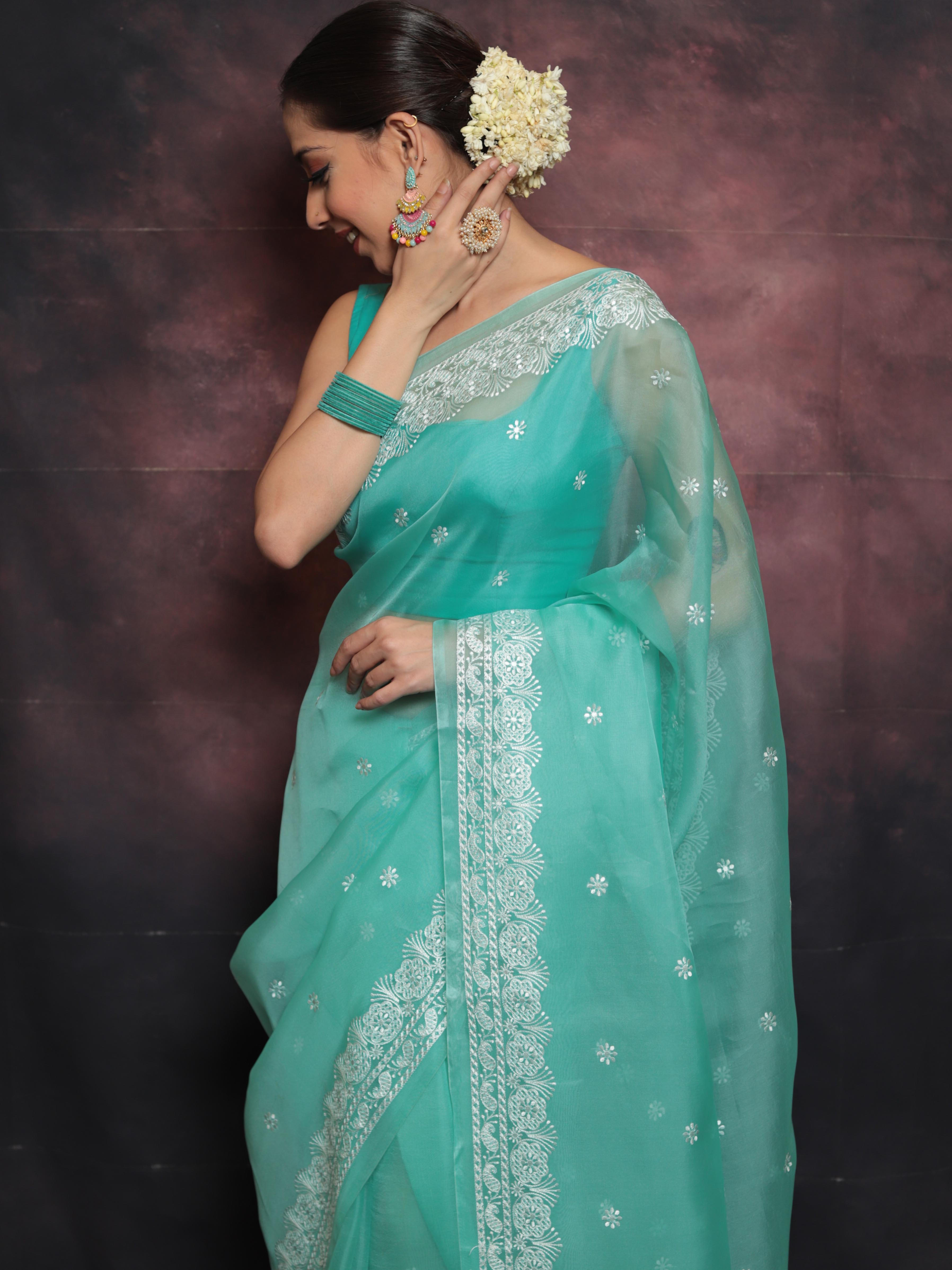 Banarasee Pure Organza Silk Saree With Floral Resham Embroidery-Sea Green