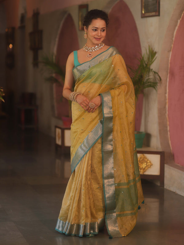 Banarasee Handwoven Mirror Work Crushed Tissue Saree With Contrast Border-Yellow & Green