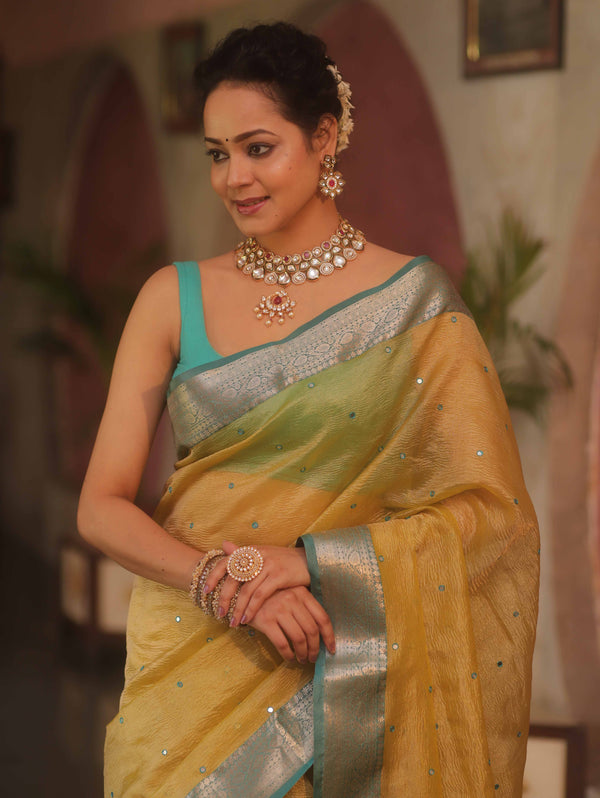 Banarasee Handwoven Mirror Work Crushed Tissue Saree With Contrast Border-Yellow & Green