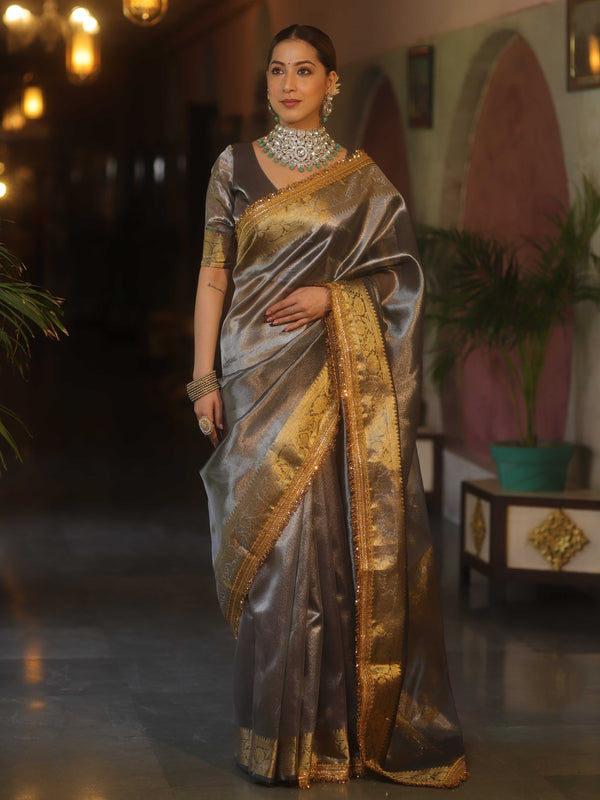 Banarasee Handwoven Plain Tissue Saree With Zari Border & Lace-Grey