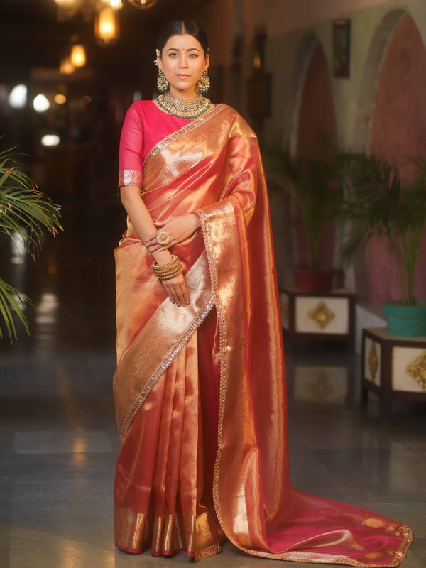 Banarasee Handwoven Plain Tissue Saree With Zari Border & Lace-Pink