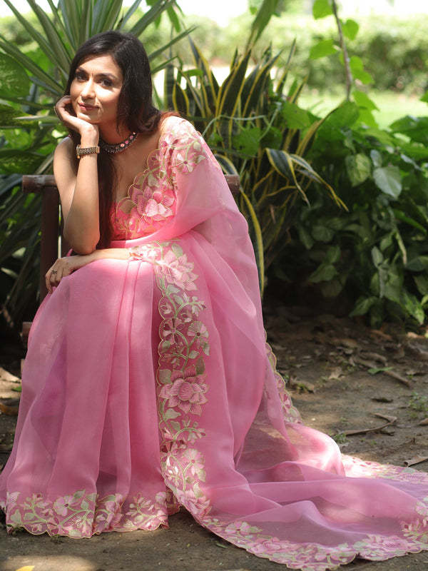 Banarasee Pure Organza Silk Saree With Floral Resham Embroidery-Pink