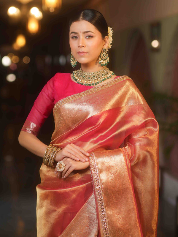 Banarasee Handwoven Plain Tissue Saree With Zari Border & Lace-Pink