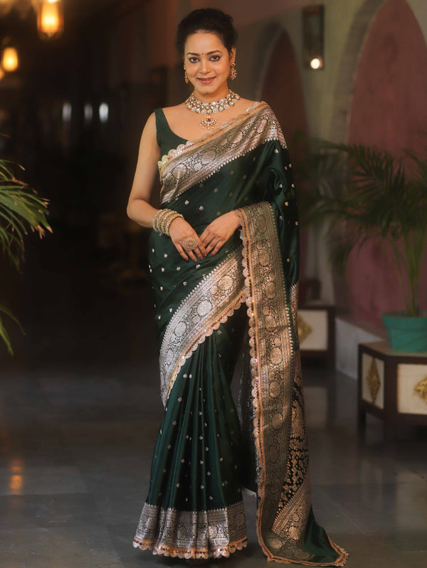Banarasee Handloom Mashru Silk Saree Zari Border With Lace-Deep Green